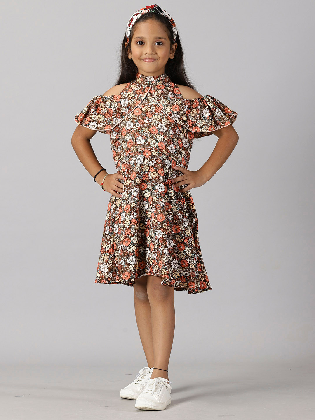

KiddoPanti Girls Floral Printed A Line Dress, Brown