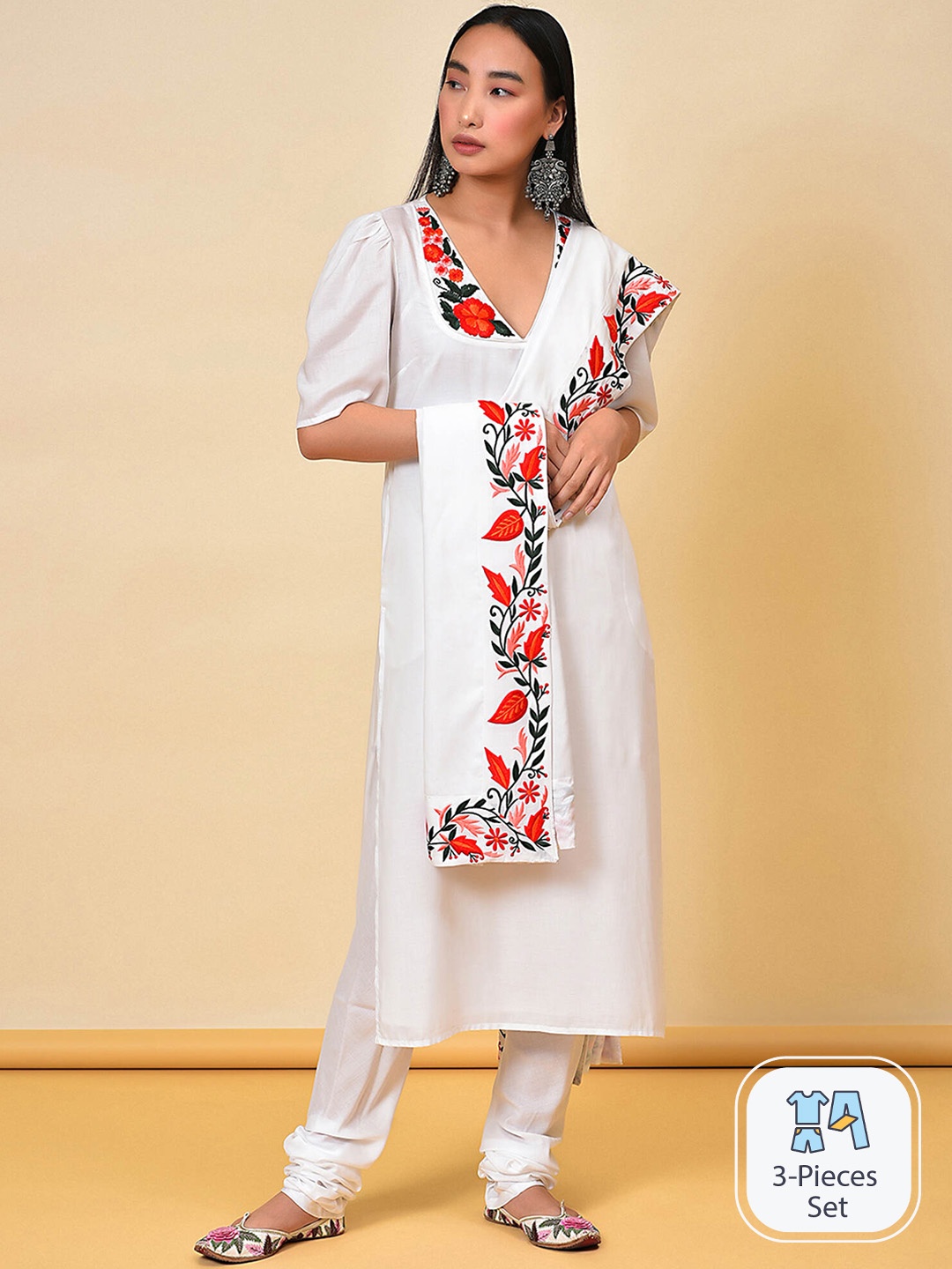 

NUHH Floral Embroidered Thread Work Kurta With Churidar & Dupatta, White