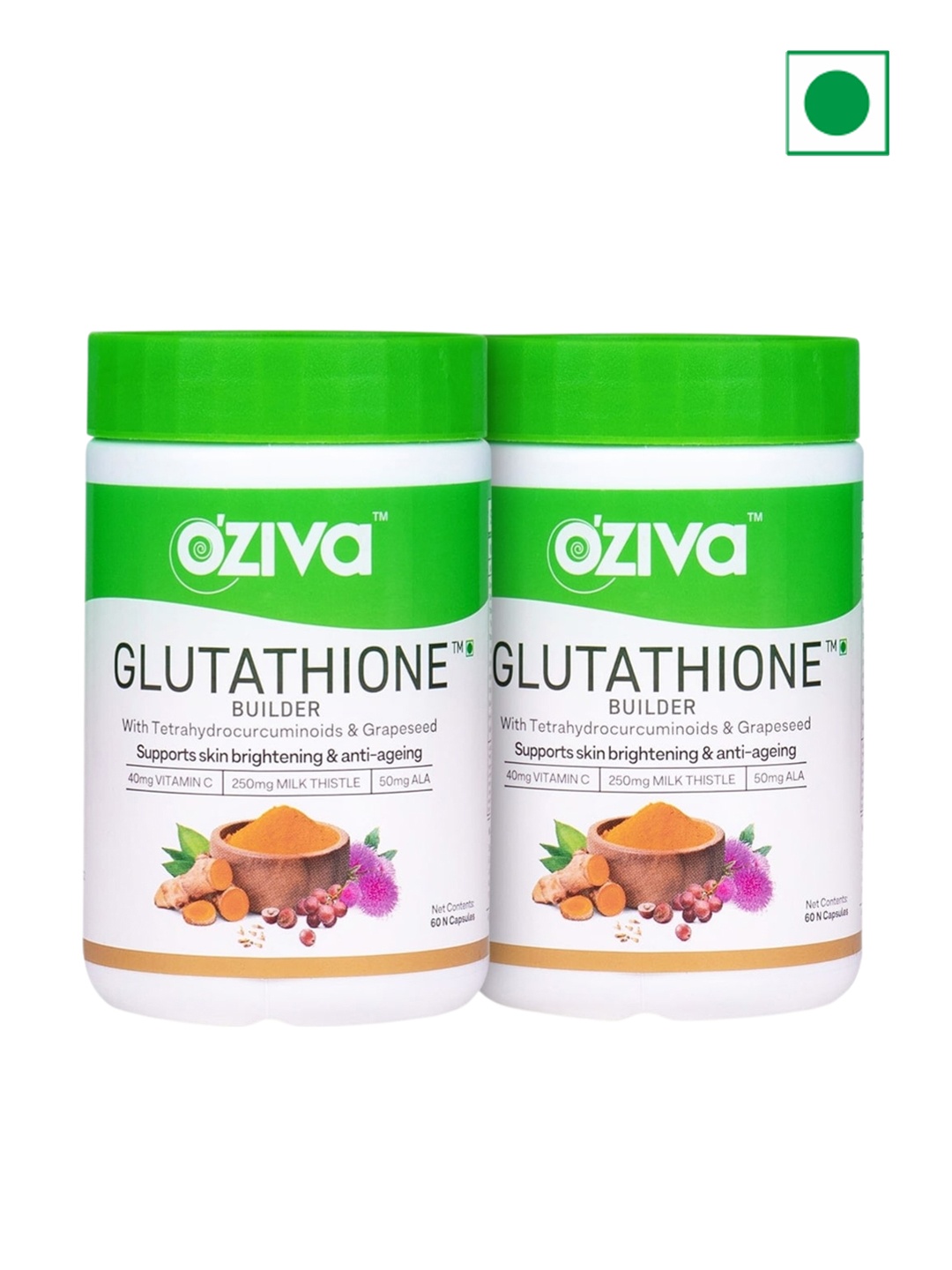 

OZiva Set of 2 Glutathione Builder For Skin Brightening & Anti-Ageing - 60 Capsules each, Green