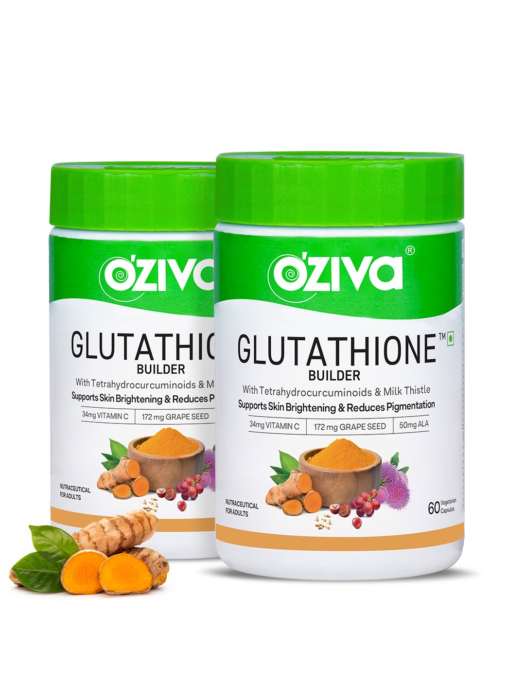 

OZiva Set of 2 Glutathione Builder For Skin Brightening & Anti-Ageing - 60 Capsules each, Green