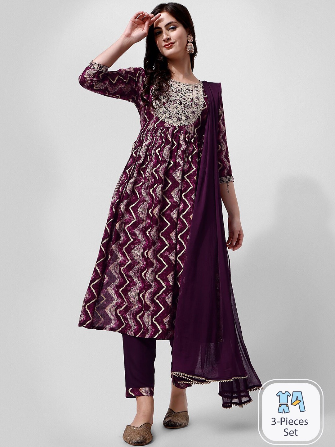

KALINI Chevron Printed Regular Thread Work Anarkali Kurta & Trousers With Dupatta, Purple