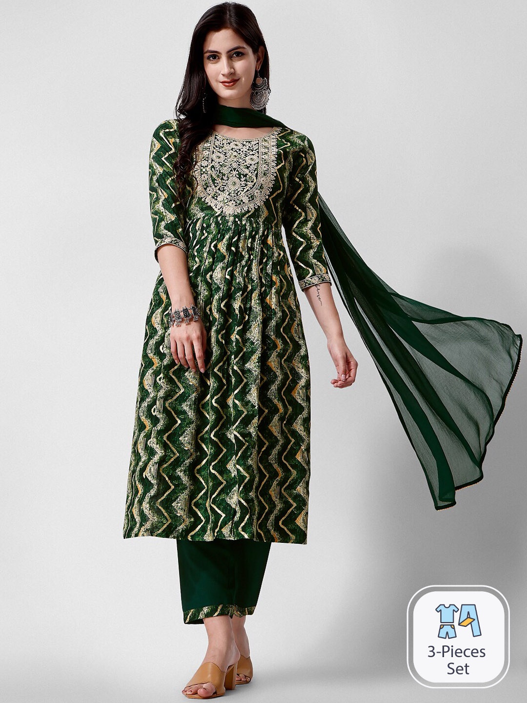 

KALINI Printed High Slit Thread Work Kurta with Trousers & Dupatta, Green