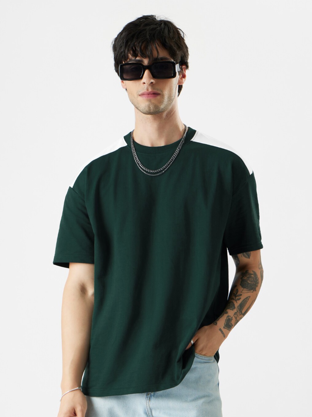 

The Souled Store Round Neck Drop Shoulder Sleeves Pure Cotton Oversized T-Shirt, Green