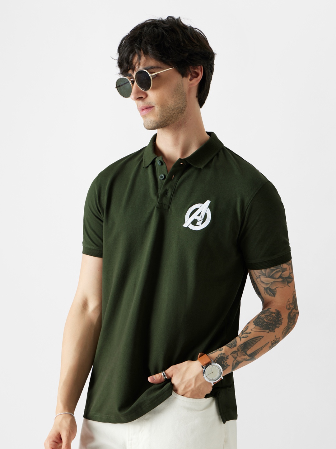 

The Souled Store Men Green Avengers Polo Collar Applique T-shirt