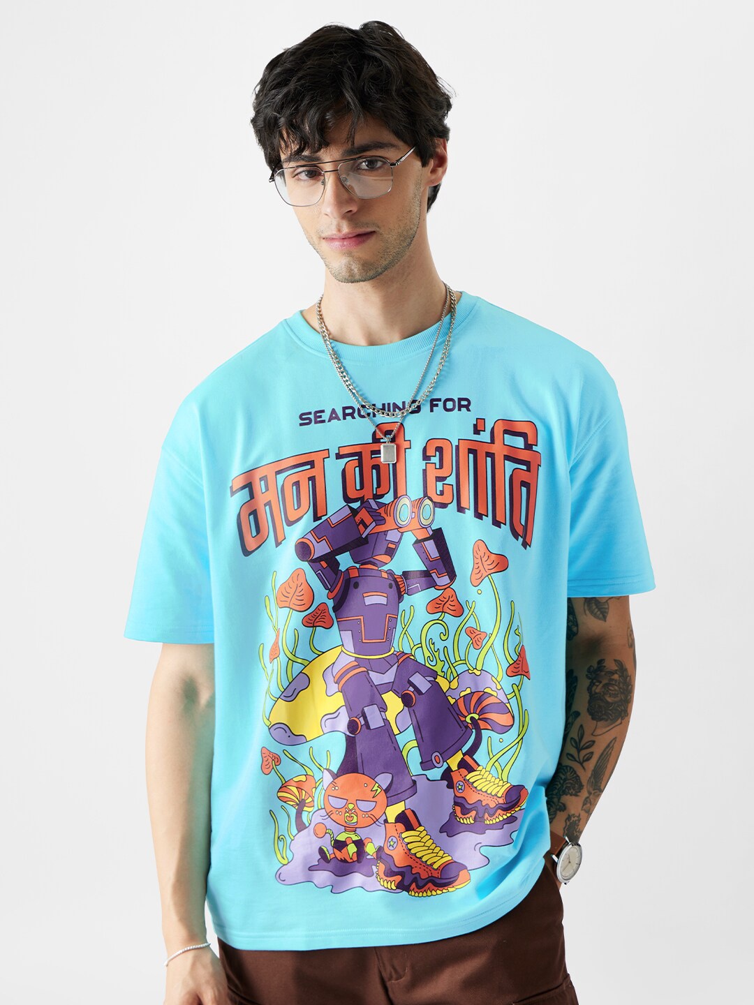 

The Souled Store Mann Ki Shanti Printed Pure Cotton Oversized T-Shirt, Blue