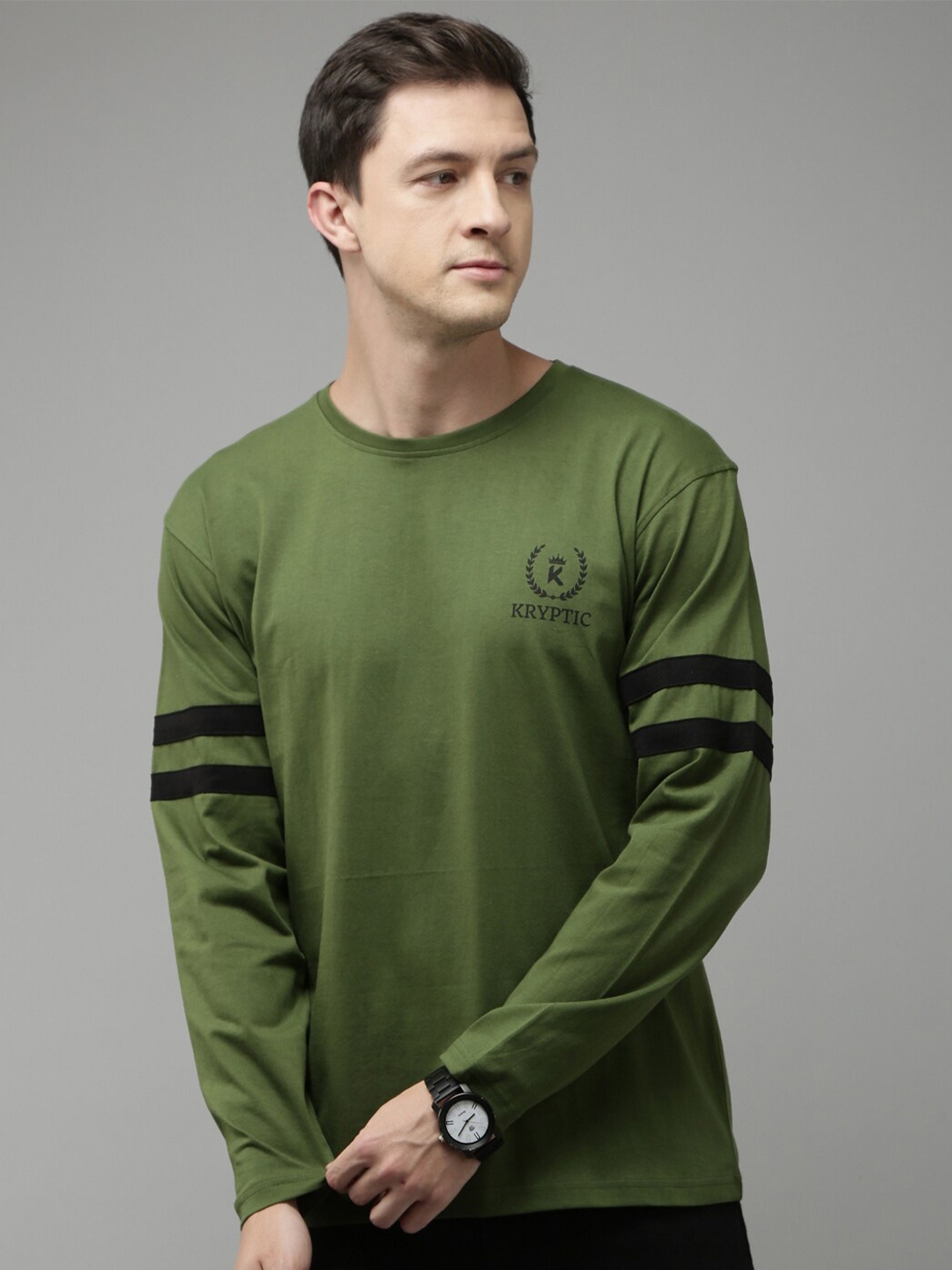 

Kryptic Graphic printed Pure Cotton Drop Shoulder Oversized T-Shirt, Olive