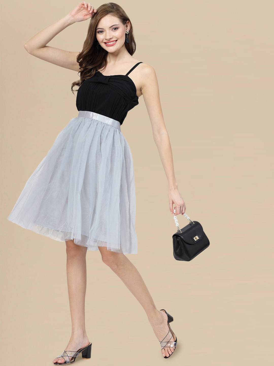 

DressBerry Gathered Detail Knee Length Flared Skirt, Grey