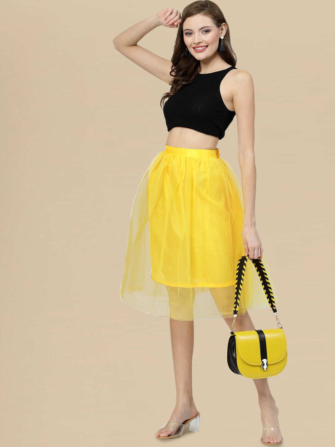 

DressBerry Knee Length Flared Tulle Skirt, Yellow