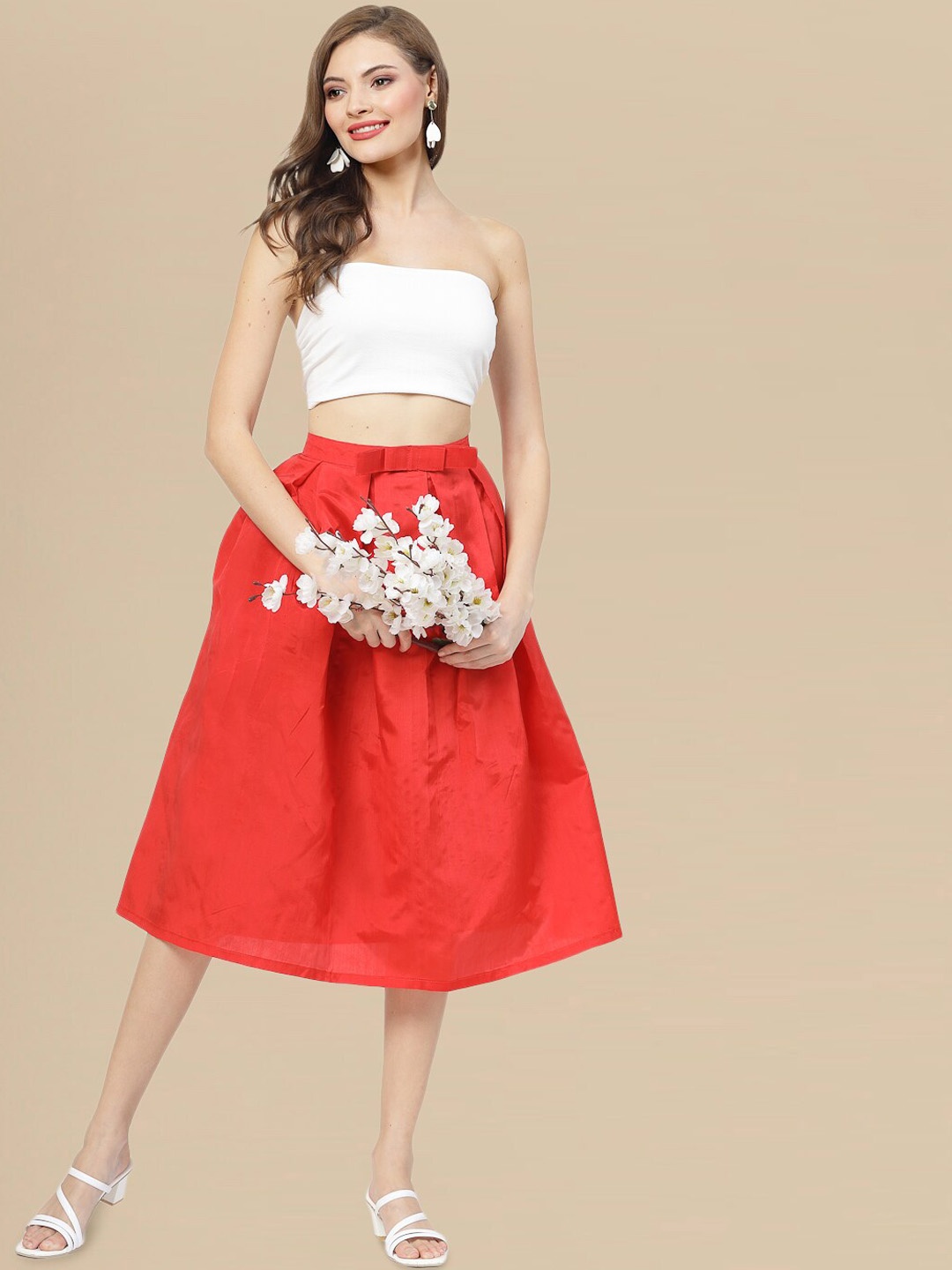 

DressBerry Mid Length Flared Bow Skirt, Red