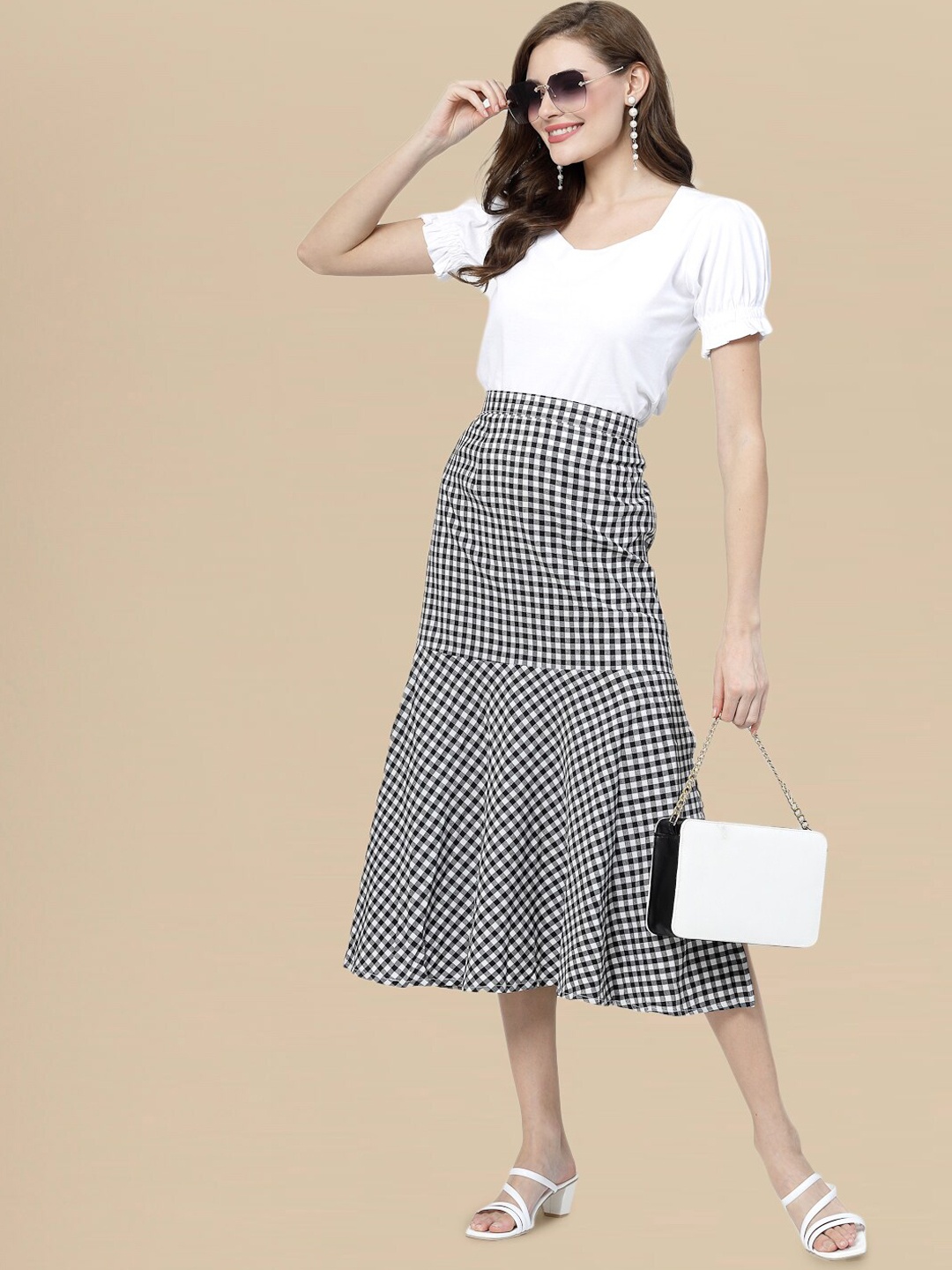 

DressBerry Gingham Checked Midi Length A-Line Skirt, Black