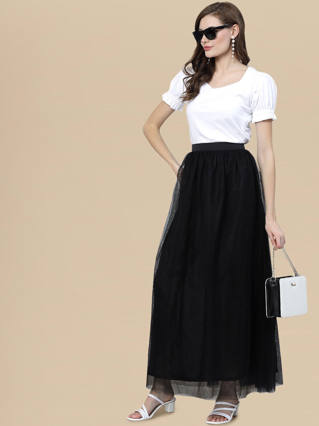 

DressBerry Gathered or Pleated Detail Maxi Flared Skirt, Black