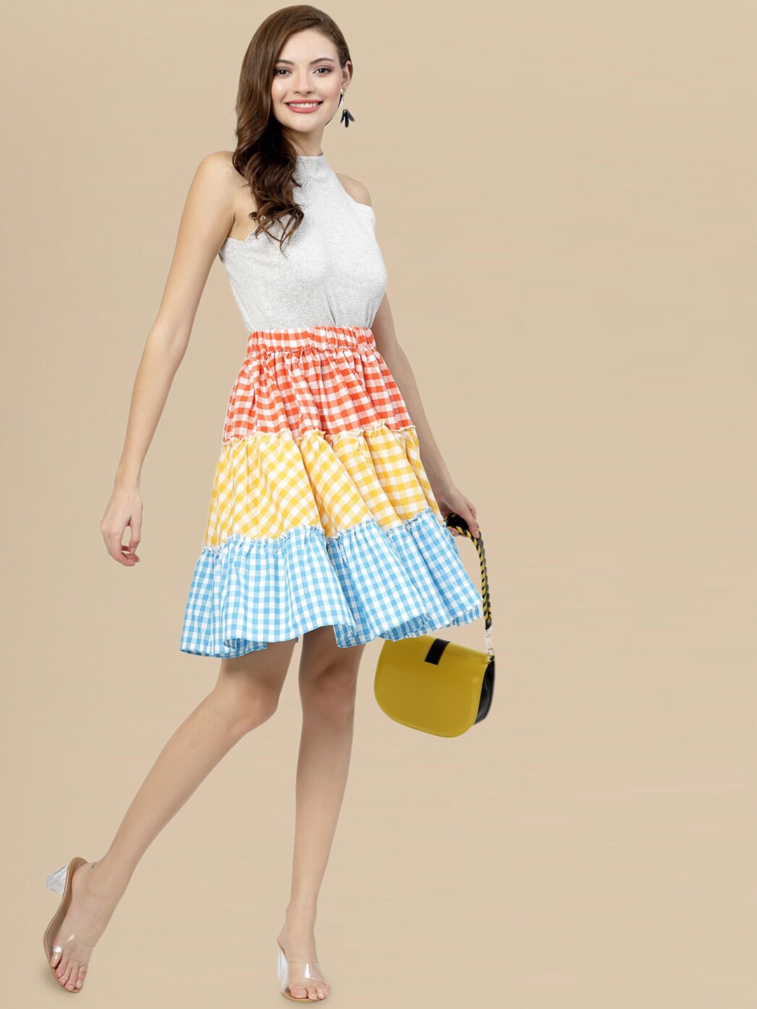 

DressBerry Gingham Checked Tiered Skirt, Red