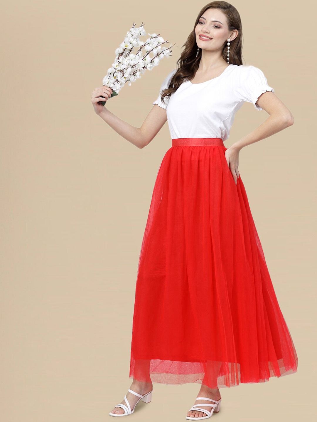 

DressBerry Midi Length Gathered Flared Skirt, Red