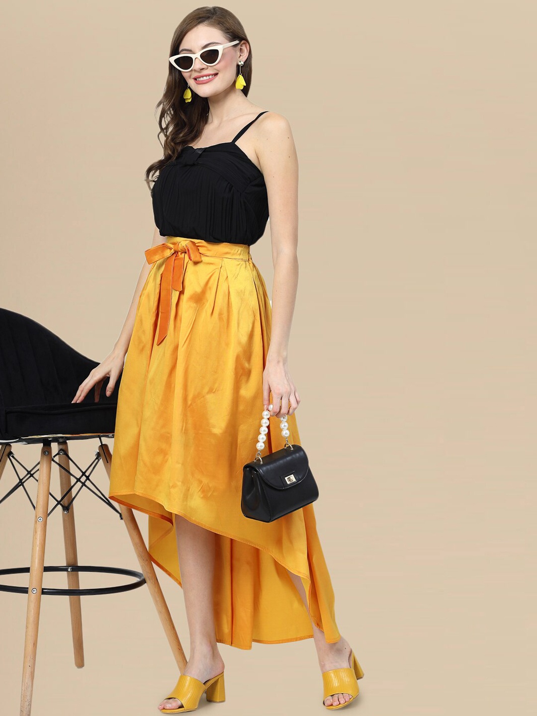 

DressBerry Tie Ups Detail High Low Hem Flared Skirt, Mustard
