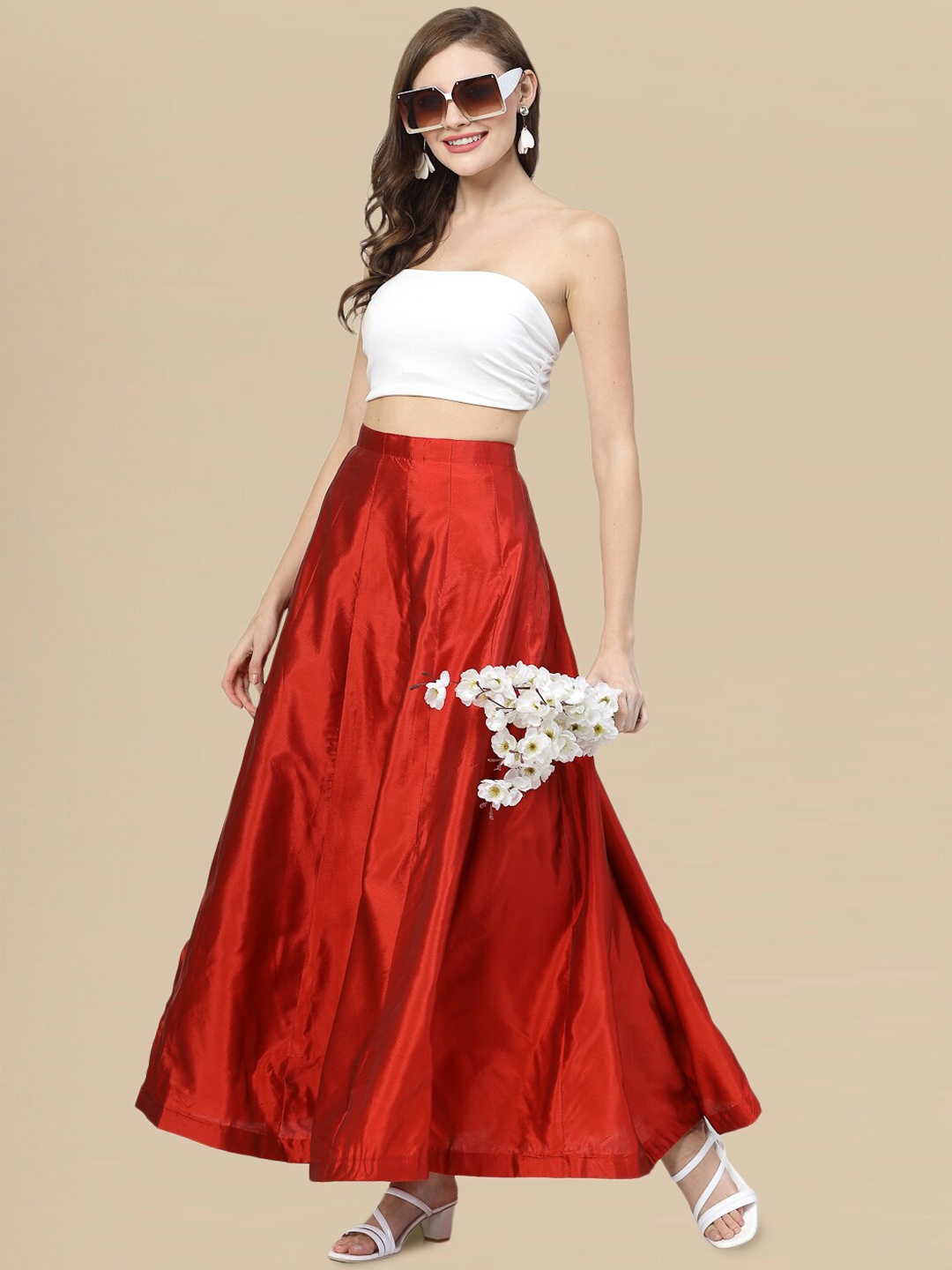 

DressBerry Panelled Maxi Length Flared Skirts, Red