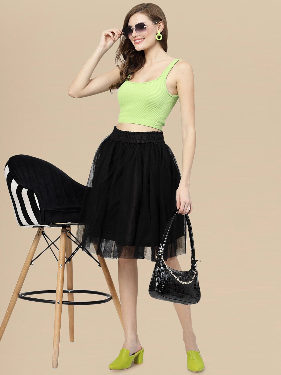 

DressBerry Gathered Detail Knee Length Flared Skirt, Black