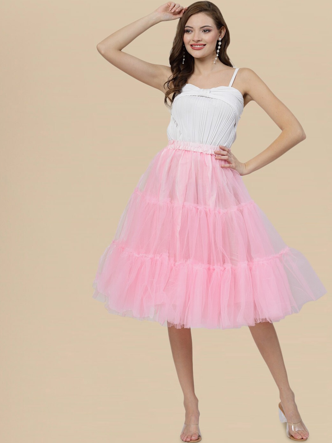 

DressBerry Gathered Detail Knee Length Tiered Skirt, Pink
