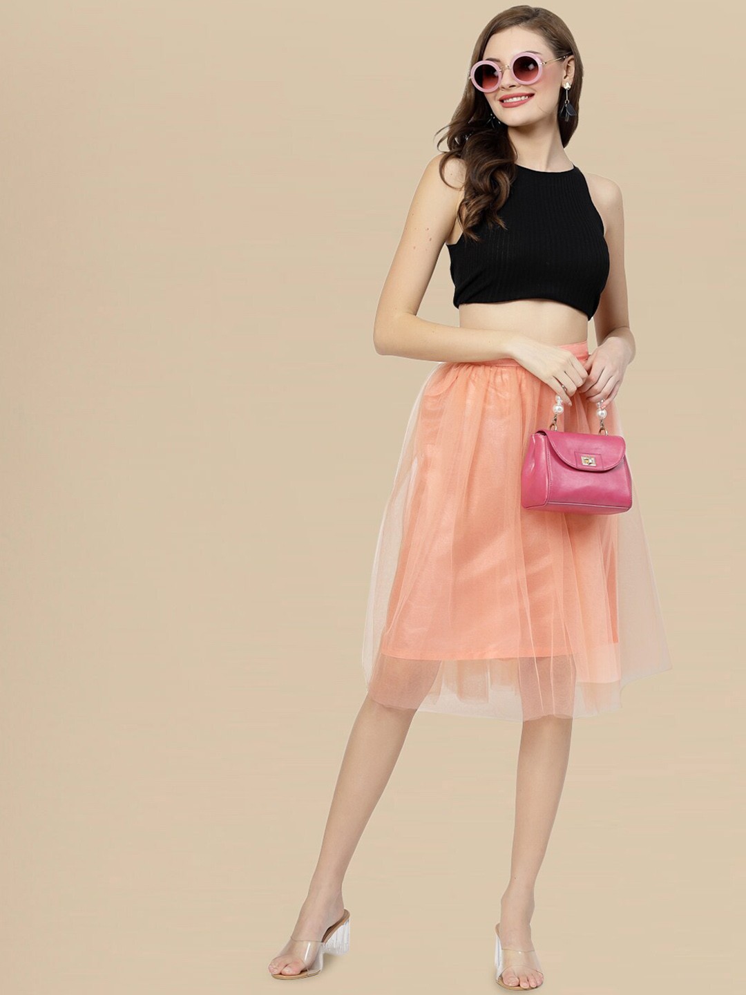 

DressBerry Knee Length Flared Skirt, Peach
