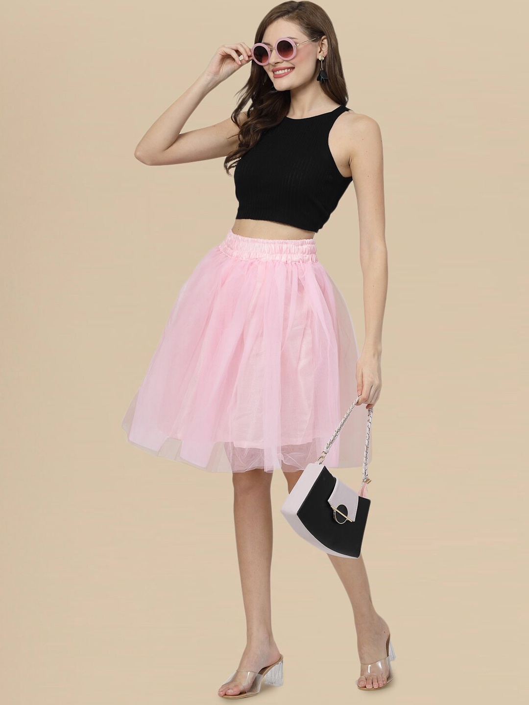 

DressBerry Above Knee Length Gathered Flared Skirt, Pink