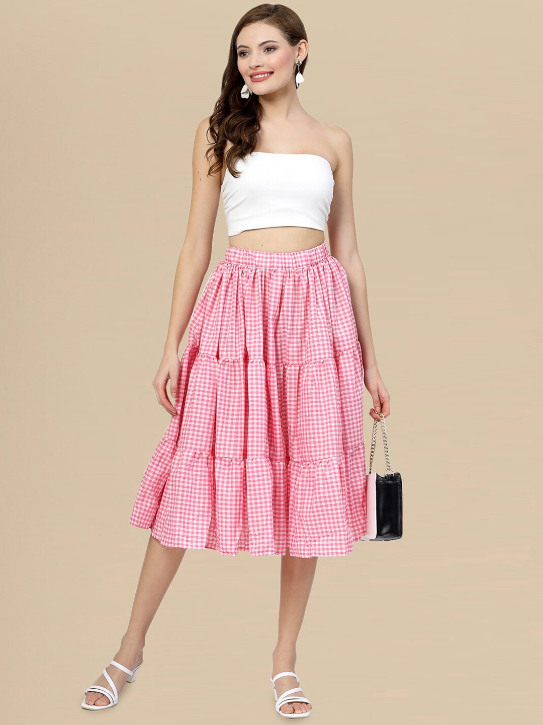 

DressBerry Checked Knee Length Tiered Gathered A-Line Skirt, Pink