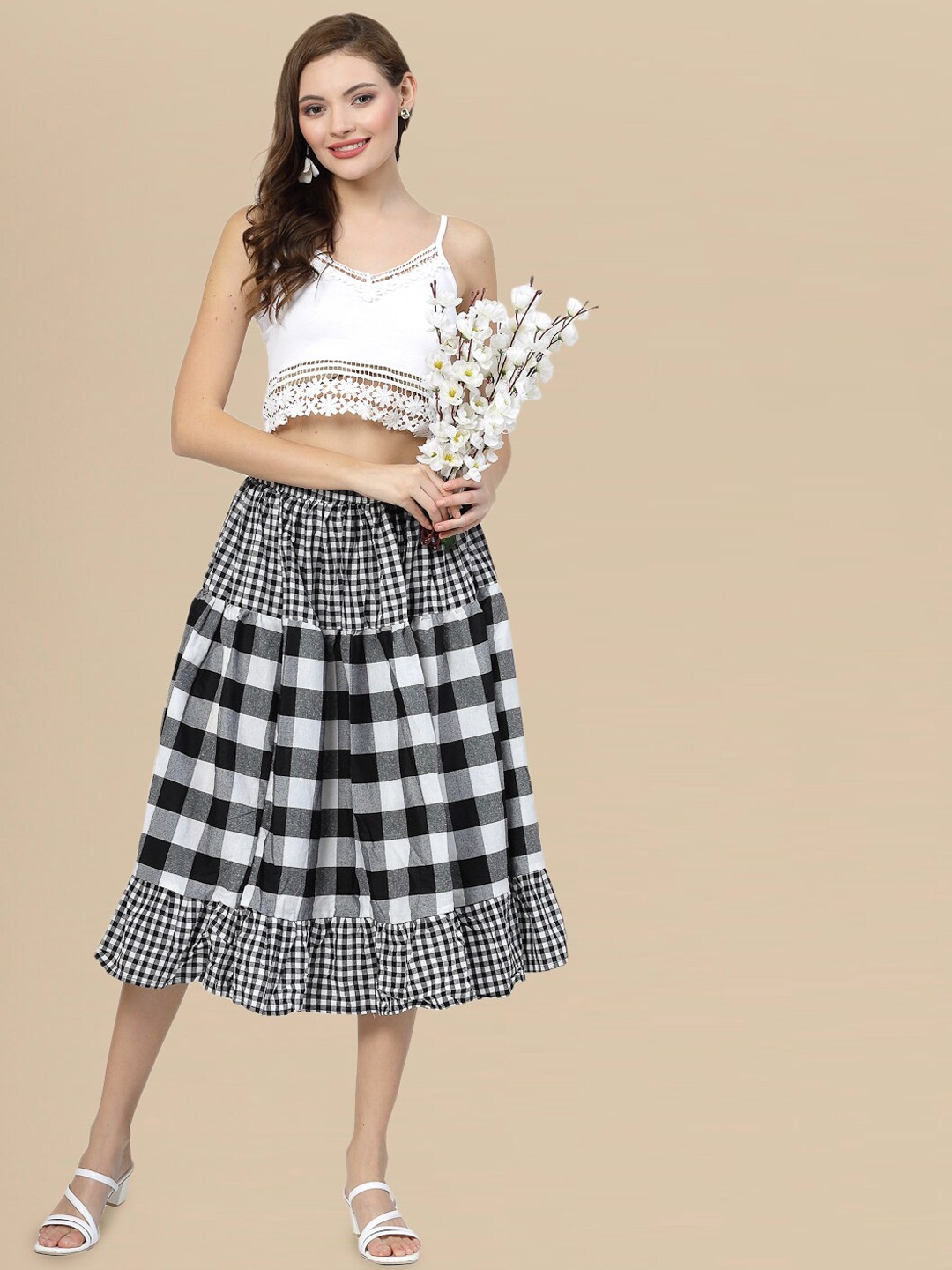 

DressBerry Checked Gathered Knee Length Flared Skirt, Black