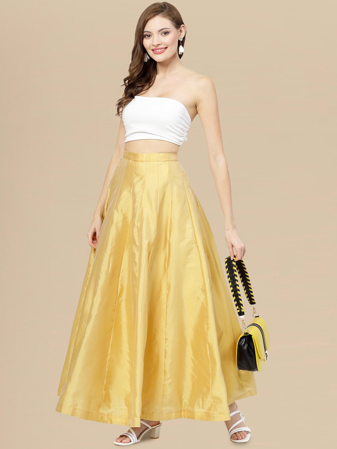 

DressBerry Panelled Ankle Length Flared Skirts, Gold
