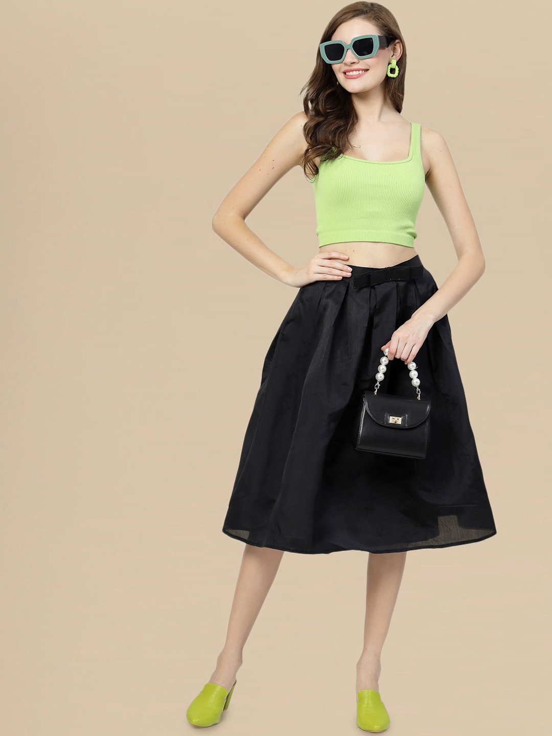 

DressBerry Pleated Knee Length Flared Skirt, Black