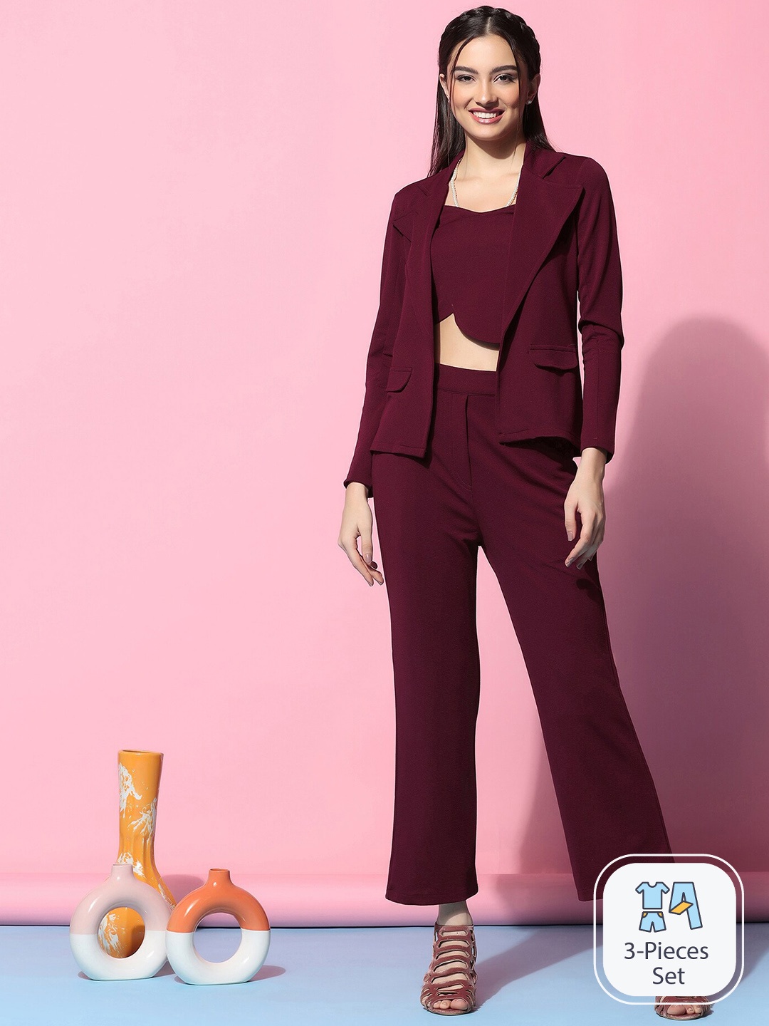 

SIDYAL Crop Top With Trousers & With Blazer, Maroon