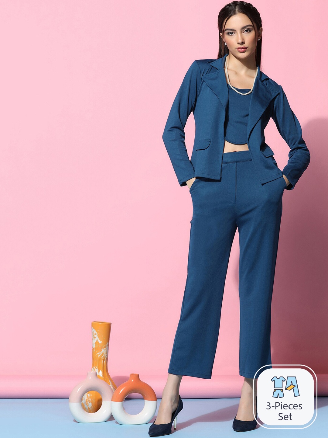 

SIDYAL Crop Top With Trousers & With Blazer, Teal