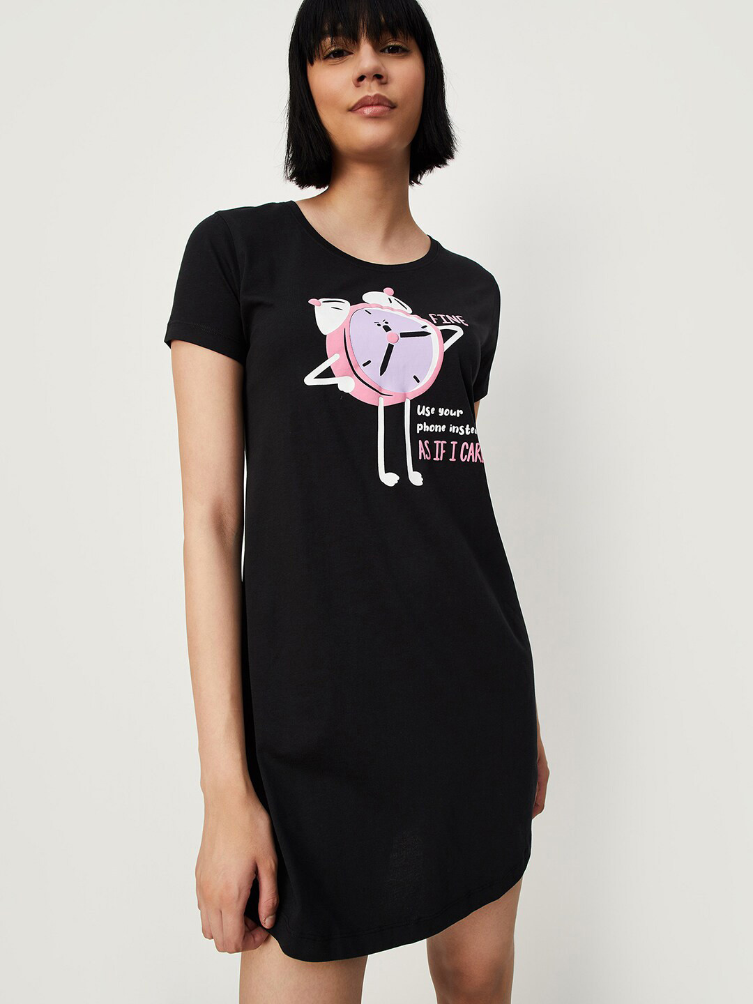 

max Graphic Printed Round Neck Pure Cotton T-Shirt Nightdress, Black