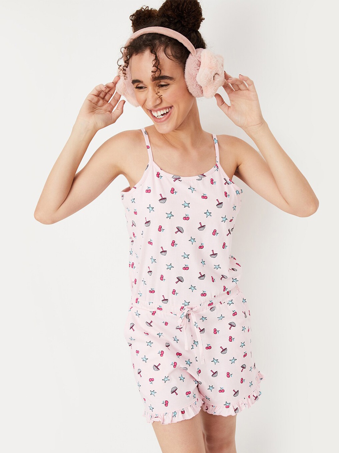 

max Conversational Printed Shoulder Straps Pure Cotton Nightdress, Pink