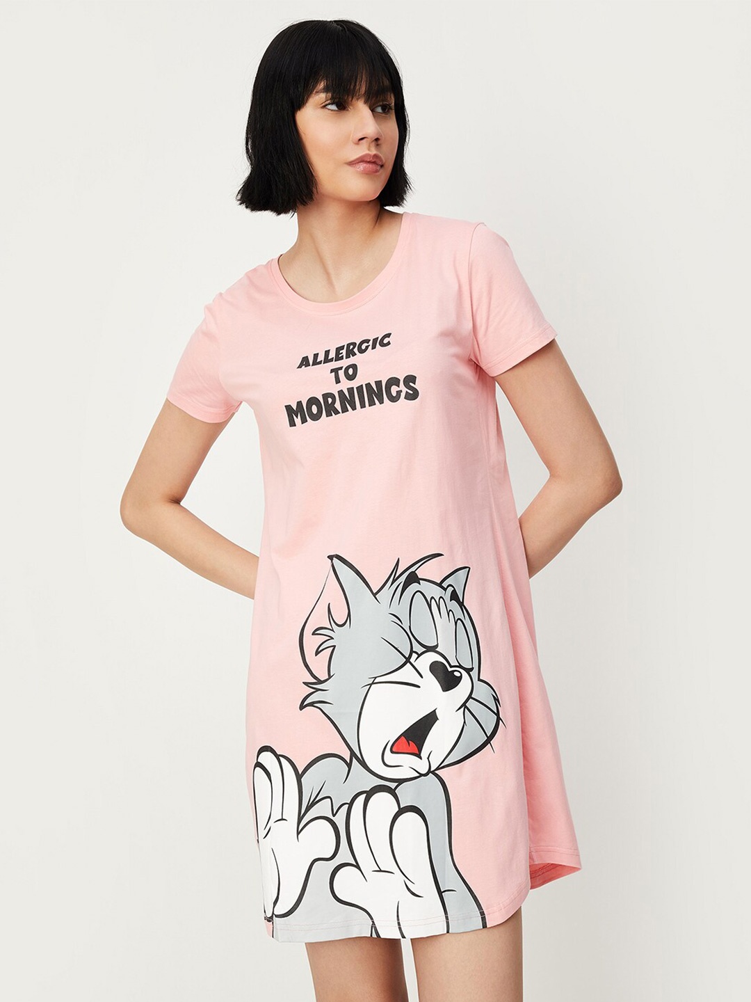 

max Cartoon Characters Tom Printed Round Neck Pure Cotton T-Shirt Nightdress, Pink