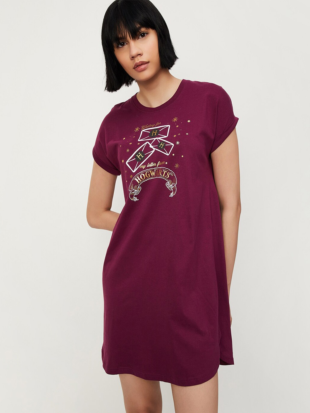

max Graphic Harry Potter Printed Round Neck Pure Cotton Nightdress, Maroon