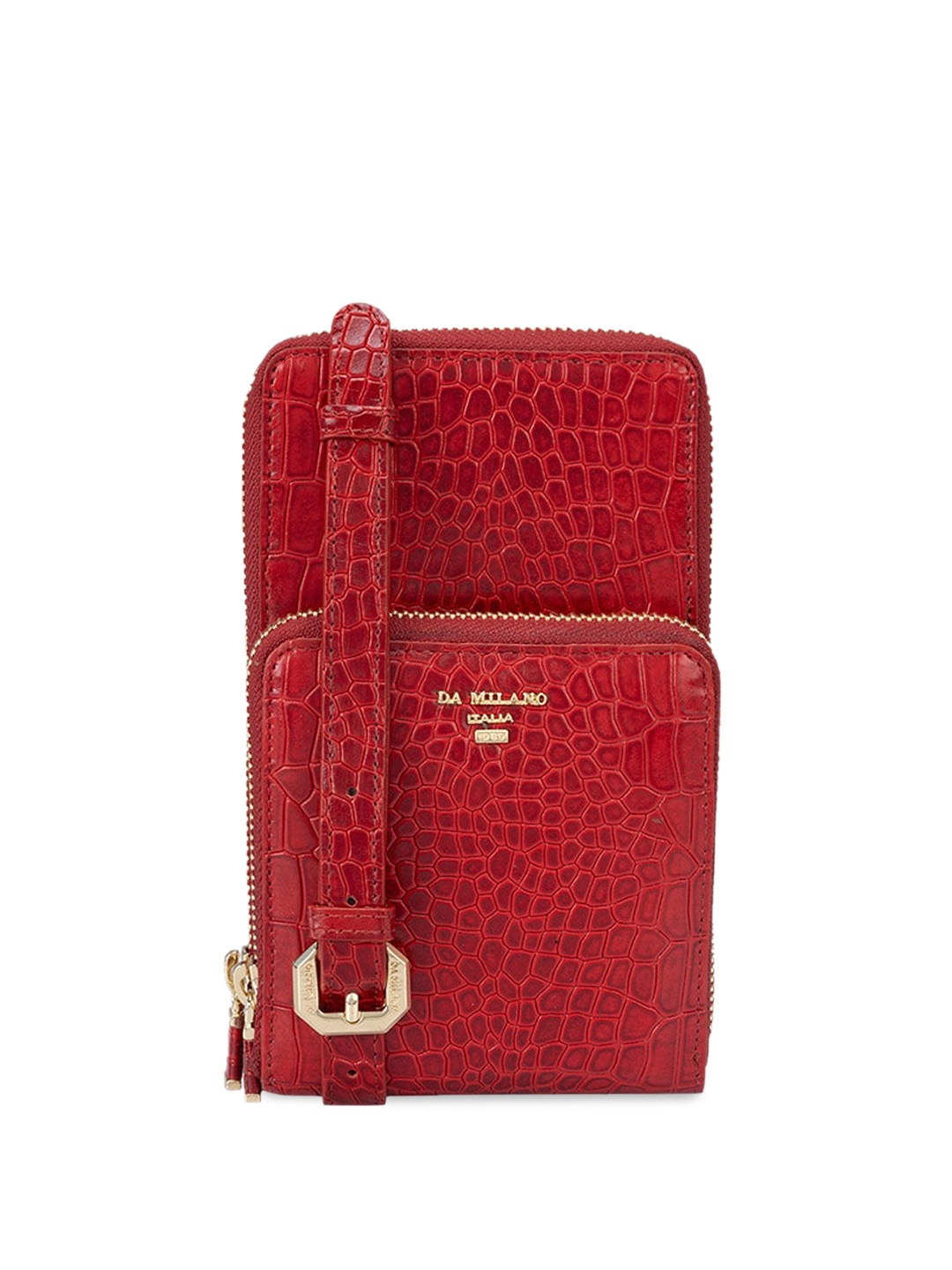 

Da Milano Men Textured Leather Mobile Pouch With Sling Strap, Red