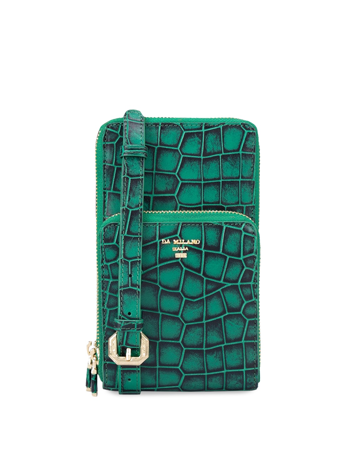 

Da Milano Men Animal Textured Leather Mobile Pouch With Sling Strap, Green