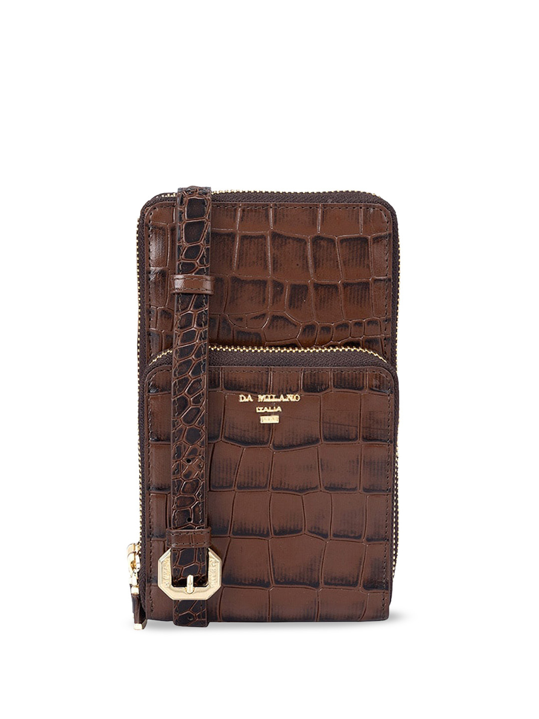 

Da Milano Men Textured Leather Mobile Pouch With Sling Strap, Brown