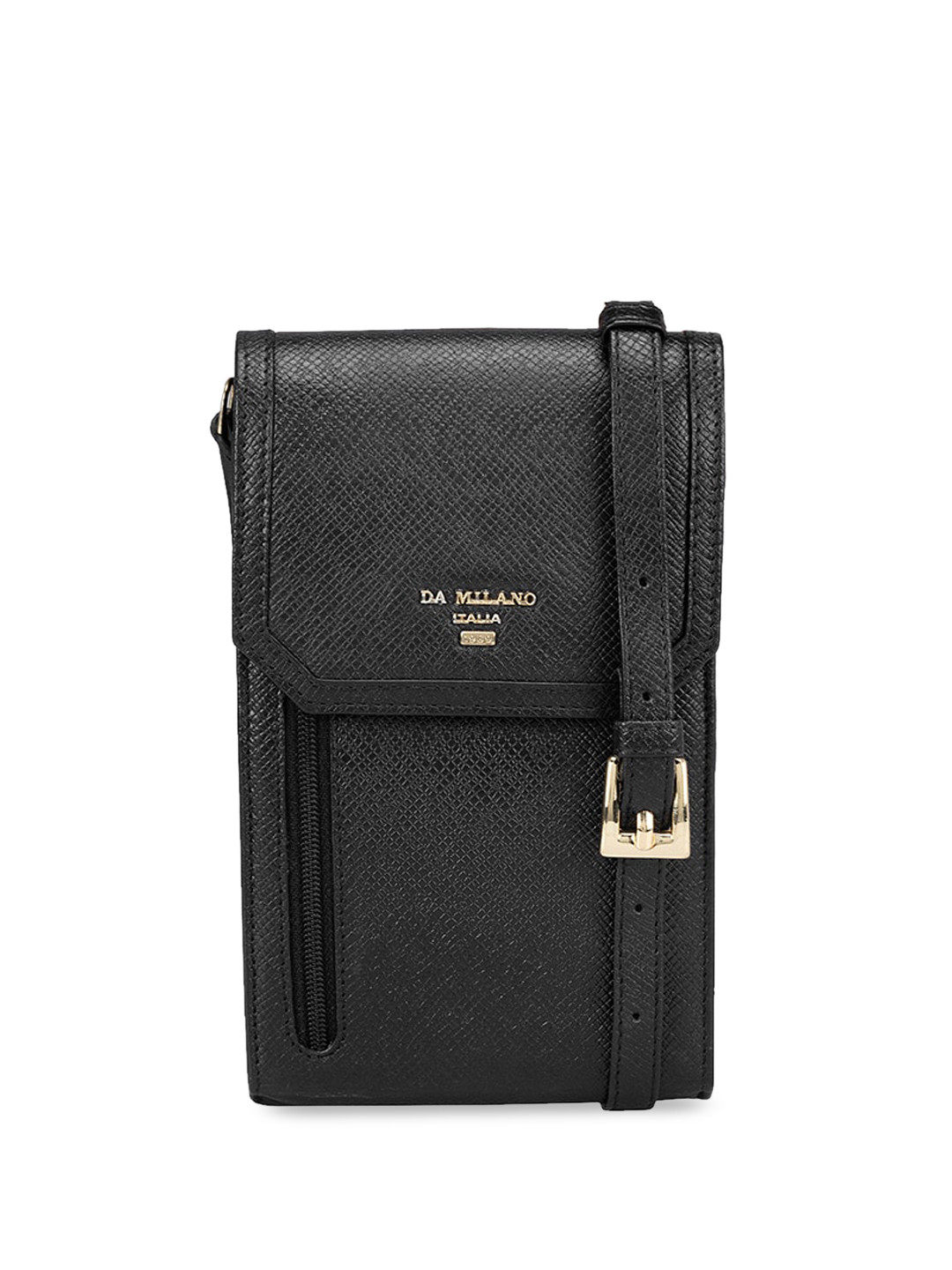 

Da Milano Men Textured Leather Mobile Pouch With Sling Strap, Black