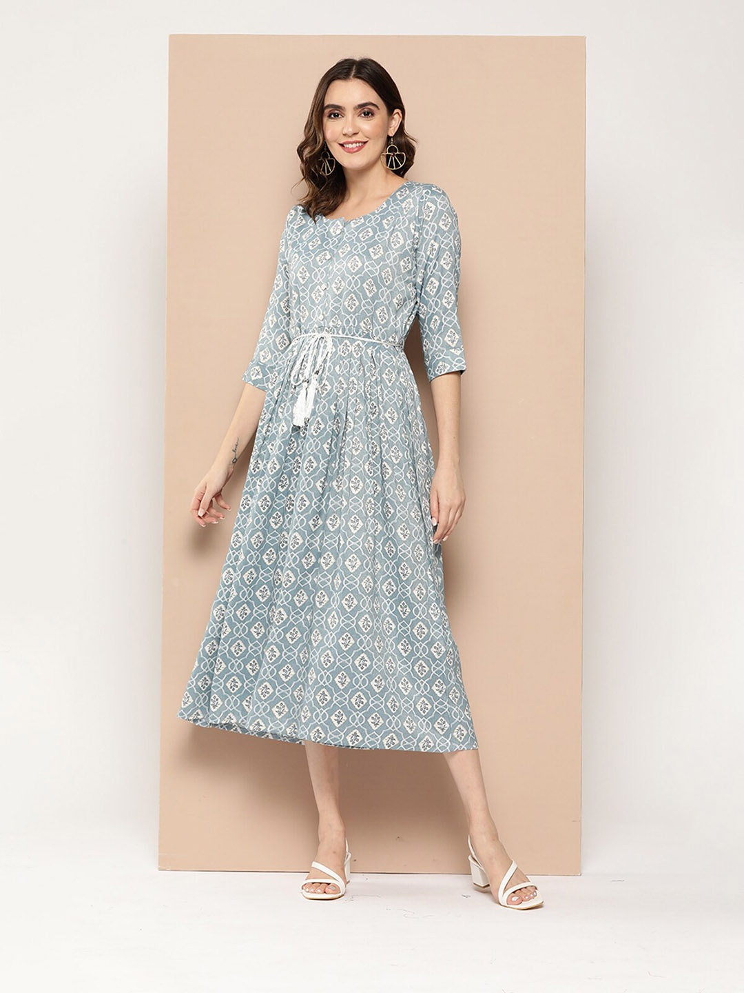 

ODETTE Ethnic Motifs Printed Tie-Ups Fit & Flare Midi Dress, Blue