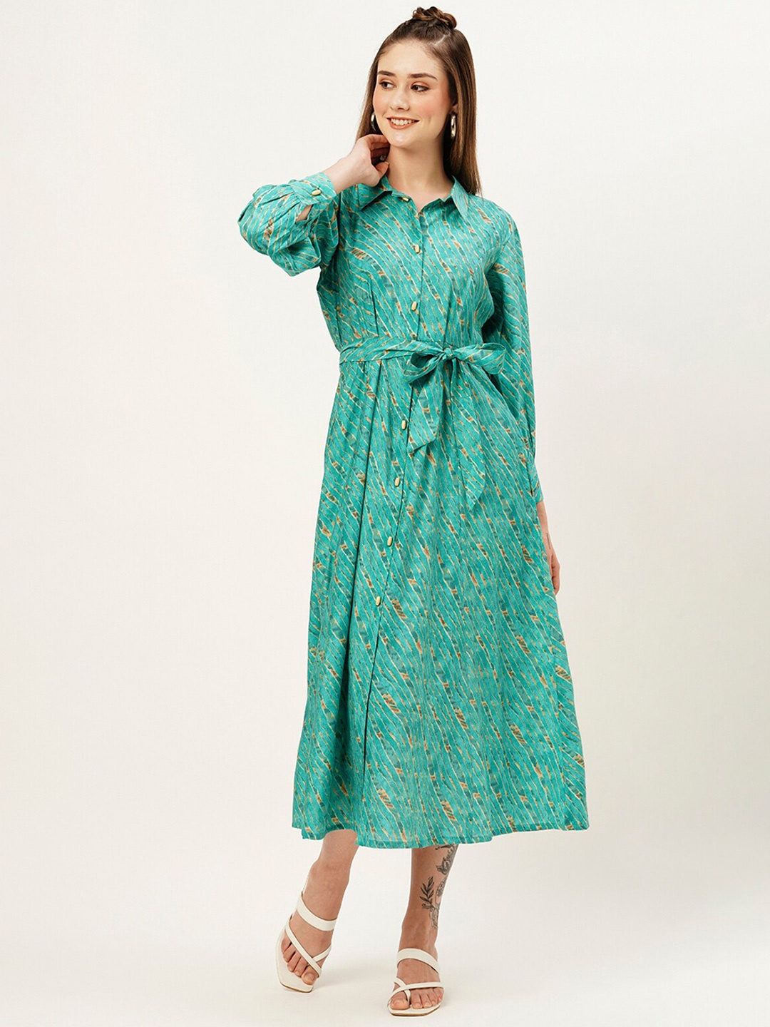 

ODETTE Striped Shirt Collar Cuffed Sleeves Cotton Shirt Midi Dress, Sea green