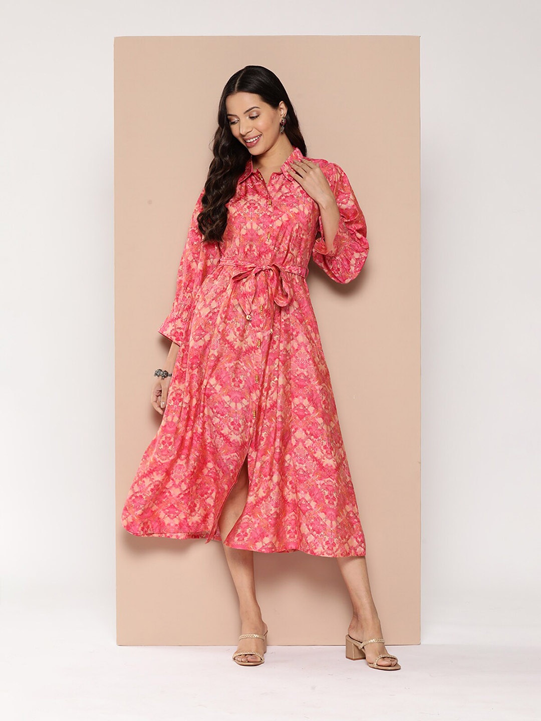 

ODETTE Abstract Printed Shirt Midi Ethnic Dress, Pink