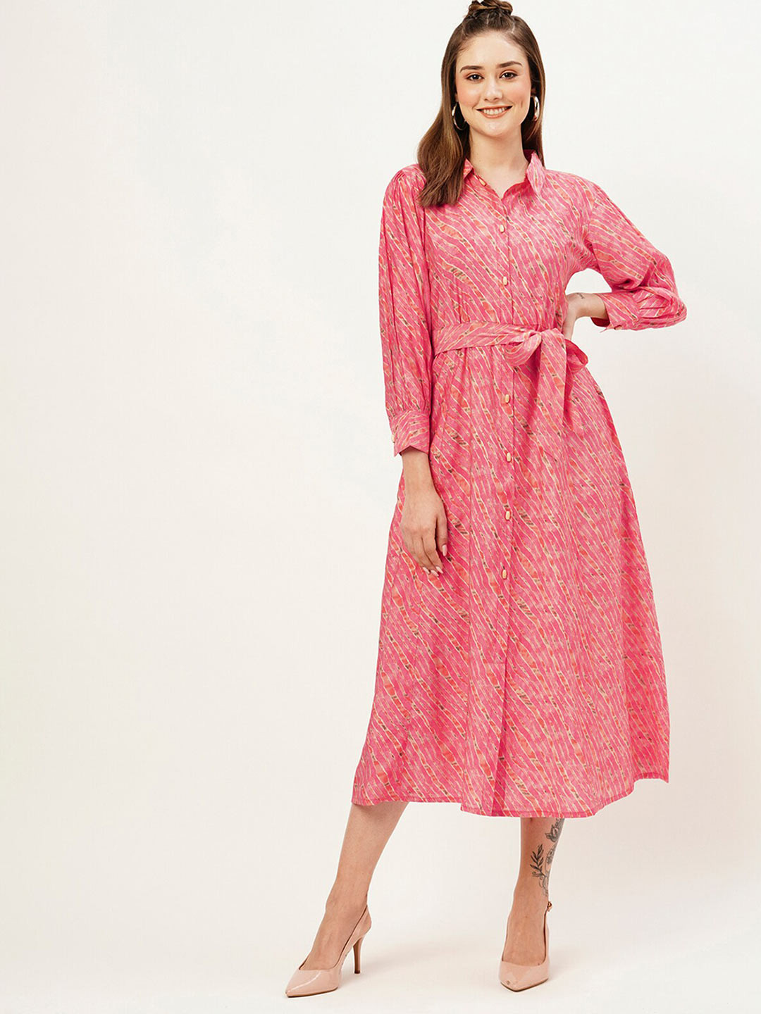 

ODETTE Leheriya Printed Shirt Midi Dress, Pink