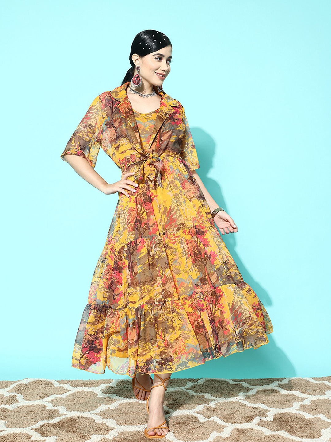 

ODETTE Floral Printed Gathered Detailed A-Line Midi Dress, Mustard