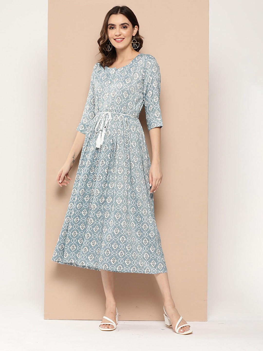 

ODETTE Ethnic Motifs Printed Tie-Ups Fit & Flare Midi Dress, Blue