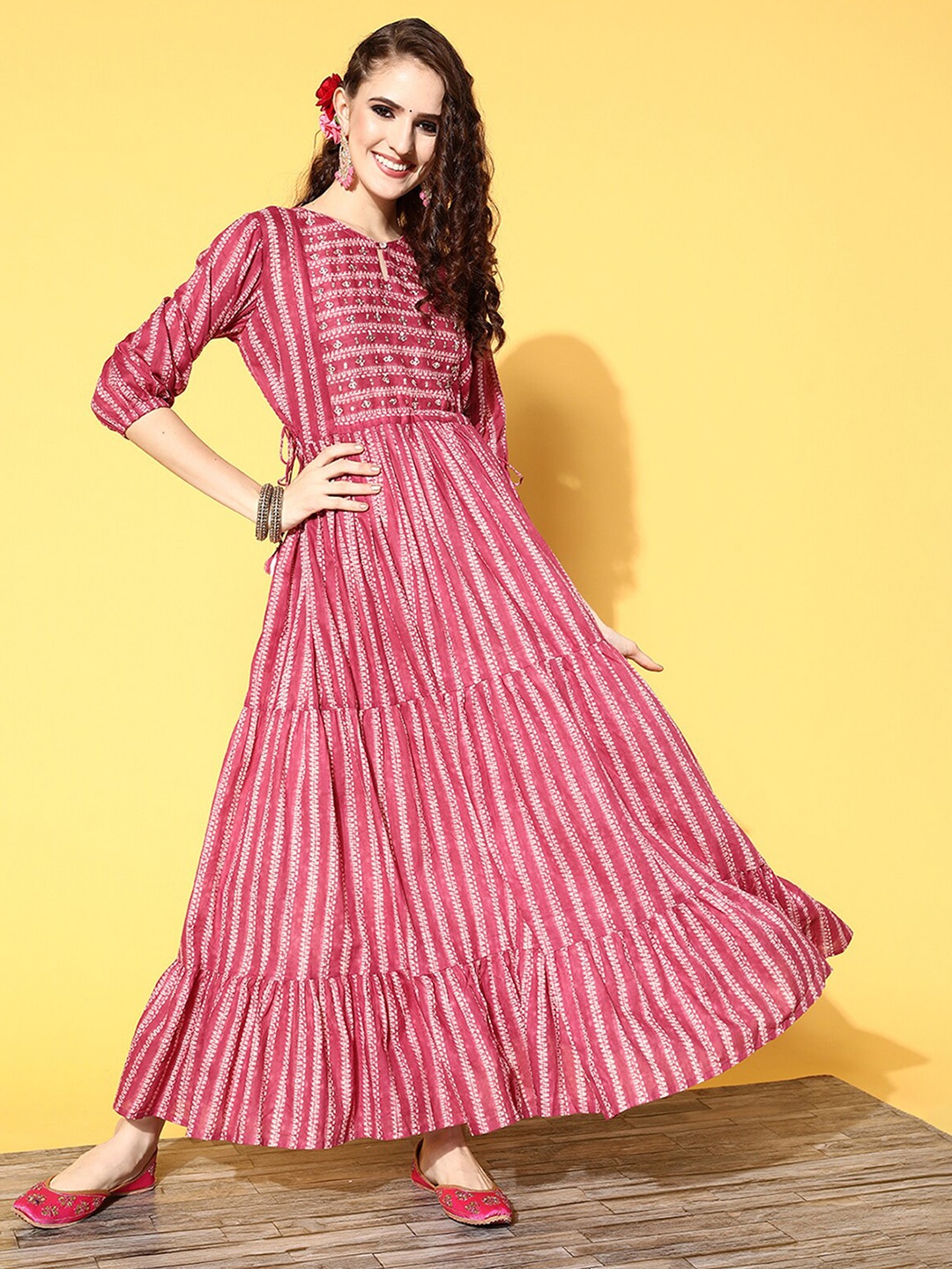 

ODETTE Striped Keyhole Neck Sequinned Tiered Cotton Maxi Dress, Magenta
