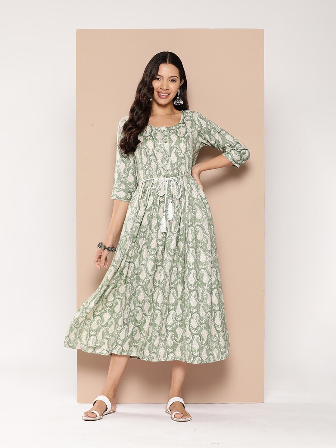 

ODETTE Ethnic Motifs Printed Midi Dress, Green