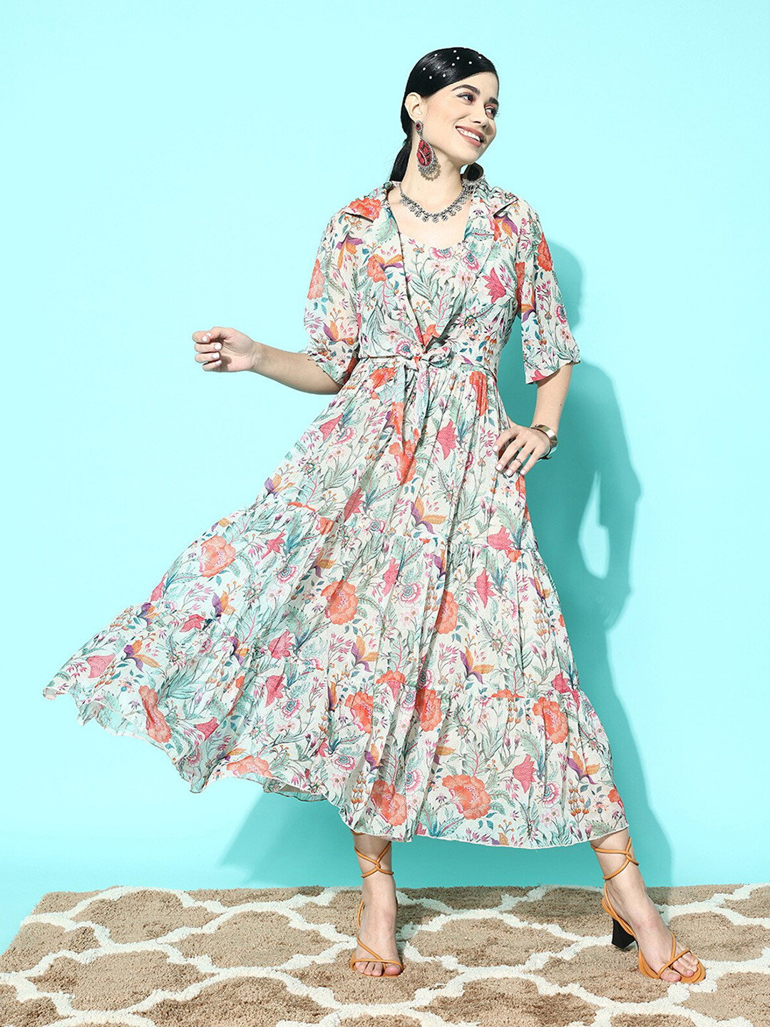 

ODETTE Floral Printed Gathered Detailed A-Line Midi Dress, Off white