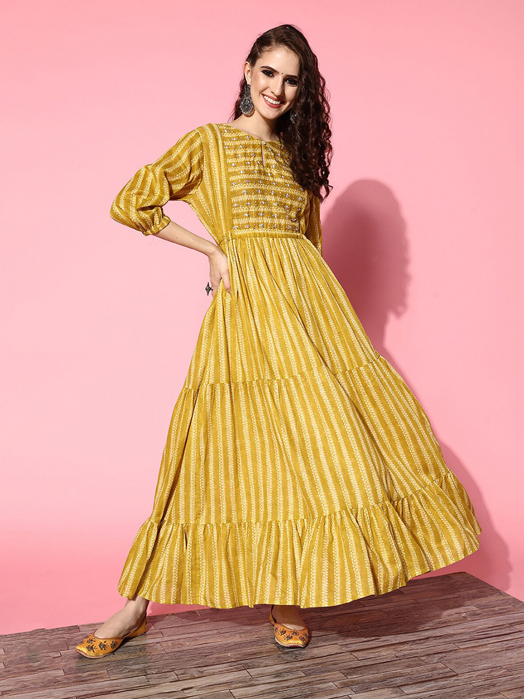 

ODETTE Ethnic Motifs Striped Maxi Dress, Mustard