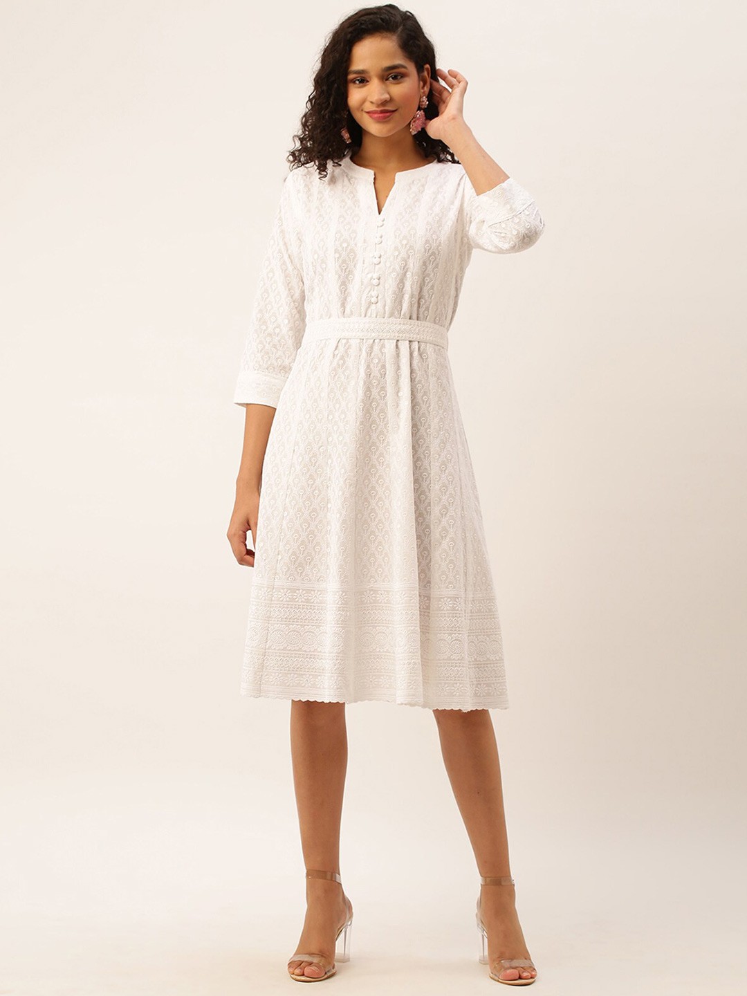

ODETTE Chickankari Embroidered Cotton Fit & Flare Dress, White