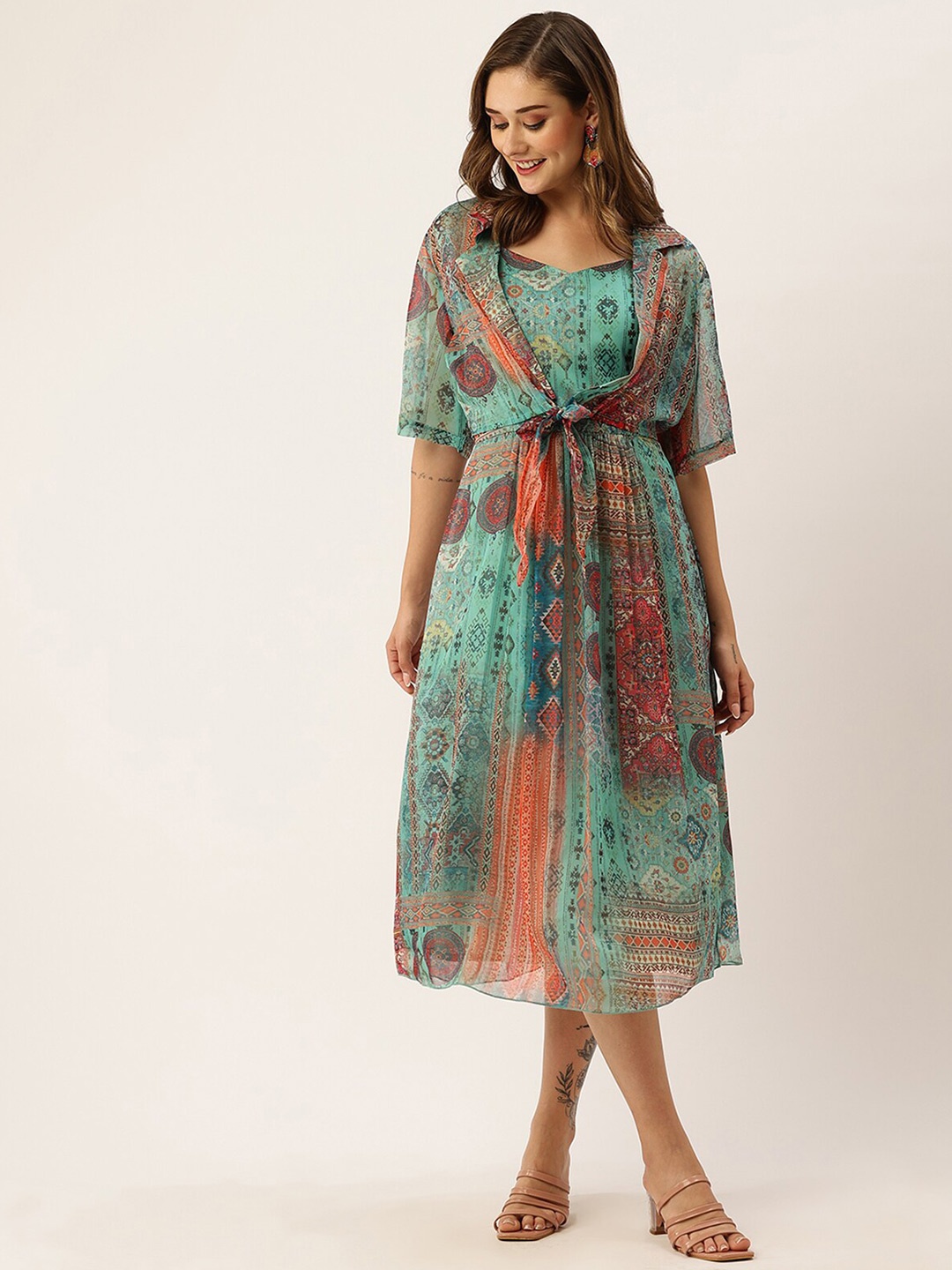 

ODETTE Ethnic Motifs Printed Flared Sleeve Fit and Flare Midi Dress, Turquoise blue