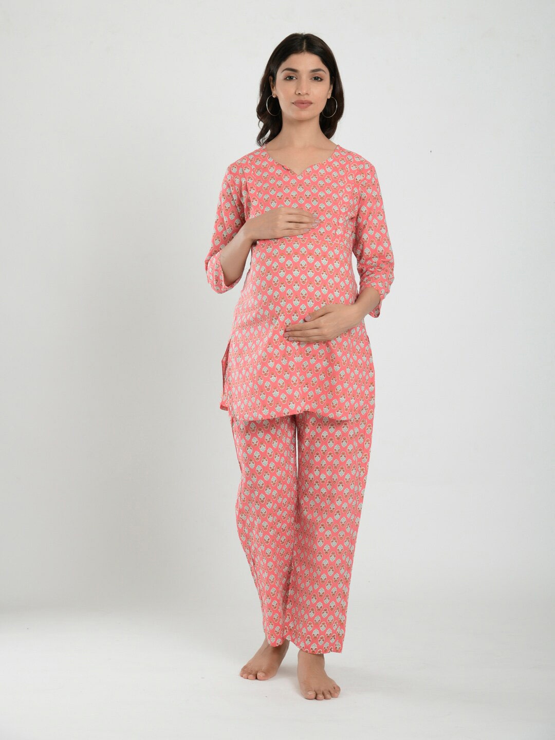 

CRAFIQA Floral Printed Pure Cotton Maternity Nightdress, Peach